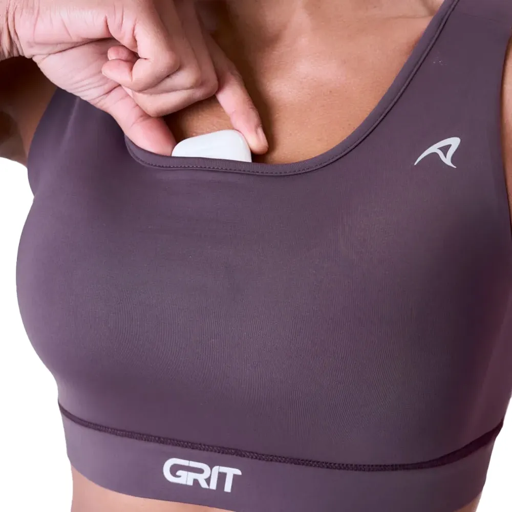 Top esportivo roxo Authen exibido para avaliação de ajuste e conforto